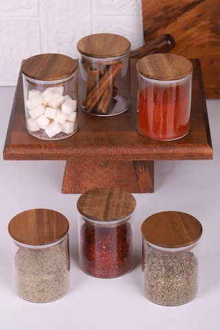 Akasya Kapaklı Borosilikat Cam Baharatlık Saklama Kavanozu 200 Ml 6'lı Ahşap - Şeffaf