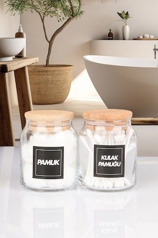 4'lü Ahşap Vakumlu Kapaklı Kulak Pamuğu Makyaj Pamuğu Diş İpi Ve Pamuk Kavanozu 300 Ml Şeffaf