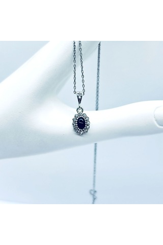Oval Mini Boy Zirkon Ve Oltu Taşı İşçilikli 925 Ayar Gümüş Kolye Siyah