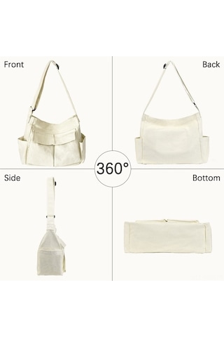 Xianwen Büyük Tuval Messenger Çantası Çok Cepli Hobo Çapraz Beyaz