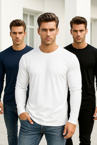 Rich Erkek Siyah-beyaz-lacivert 3'lü Paket Basic Uzun Kollu Sporcu Body Siyah-beyaz-lacivert