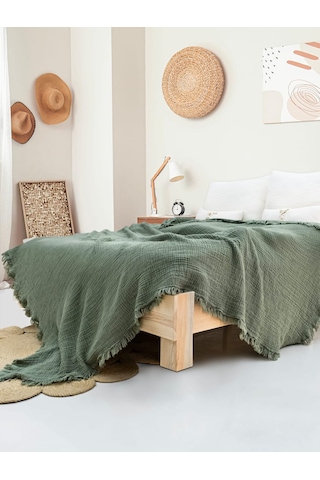 4 Katlı Müslin Yatak Örtüsü - Yeşil Renk Çift Kişilik Pike Yeşil