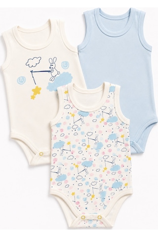 Babyhola 3'lü Bebek Çıtçıtlı Atlet Badi Bö Sevimli Hayalet Desenli 3681 Mavi