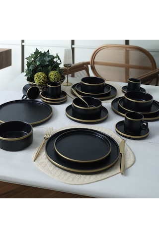 Keramika Mat Siyah Gold Fileli Stackable Yemek / Kahvaltı Takımı 20 Parça 4 Kişilik