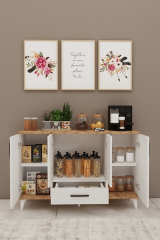 Nedudo Kahve Köşesi Çok Amaçlı Dolap 4 Kapaklı 1 Çekmeceli Kiler Mutfak Dolabı Beyaz Atlantik Beyaz - Atlantik Çam