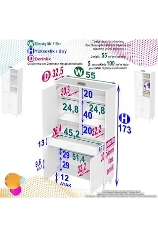 55x173 Cm Mutfak Dolabı Banyo Dolabı Çok Amaçlı Dolap Ard-138 Beyaz