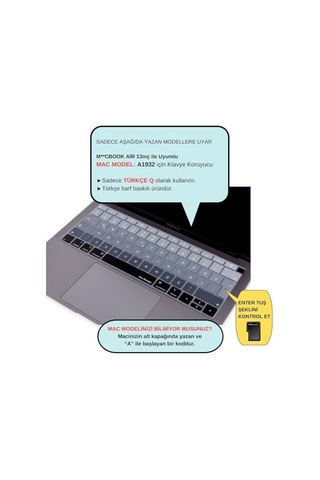 Macbook Klavye Koruyucu Türkçe Q Silikon A1932 A2179 A2337 M1 Uyumlu Ters L Enter Siyah Gri