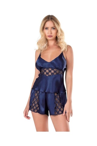 Modenya Lacivert Saten Babydoll Şort Takımı Lacivert