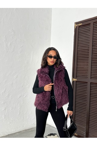 Verymoda Yapay Kürk Kadın Yelek Fermuarlı, Yumuşak Dokulu I Vmf2046 Mürdüm