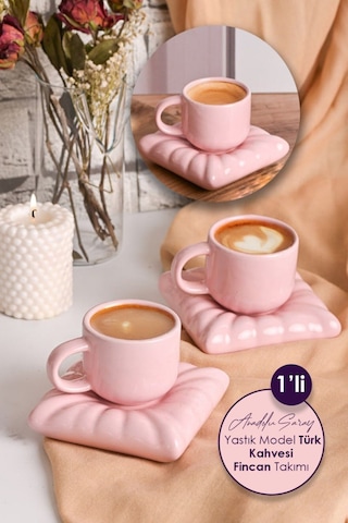 1 Adet El Yapımı Seramik Pembe Yastık Minder Model Handmade Türk Kahvesi Fincan Seti 90 ML