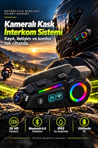 Kameralı Motosiklet Kask İnterkomu 2k Hd Video Kayıt Bluetooth 6.0 Rgb Işıklı Ip65 1500mah Kask Kulaklığı