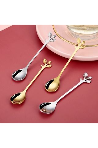 Monyee Ev İçin Altın Yaprak Desenli Paslanmaz Çelik Kahve Kaşığı - Tatlı Kaşığı Çatal Seti, Dayanıklı Ve Pratik Kullanım Altın