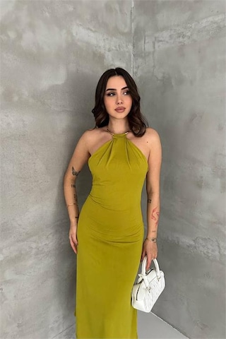 Neşeli Butik Kadın Yeşil Sırt Dekolteli Metal Yaka Midi Elbise Nbk4543 Yeşil