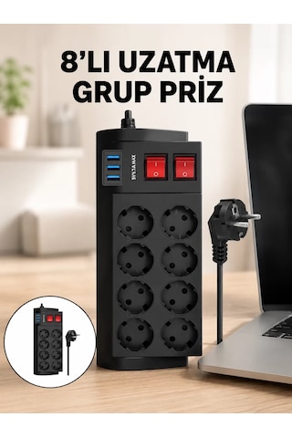 Termal Korumalı 8 Prizli 3 Usb Li Uzatma Kablosu Yeni Nesil Belirtilmemiş