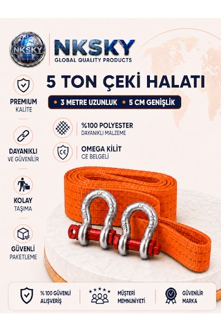 Nksky Ce Belgeli 5 Ton Araç Çekme Halatı 3 Metre 5 Cm Genişlik Omega Kilitli Oto Çeki Halatı Turuncu