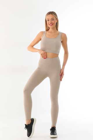Kallima Bej Toparlayıcı Yüksek Bel Fitilli Spor Tayt-crop Takım