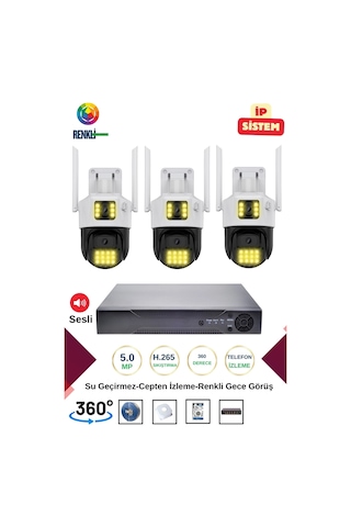 İrtech-3 Kameralı 360 Derece Sesli İp Güvenlik Kamera Seti Renkli Gece Görüş-su Geçirmez Gk01