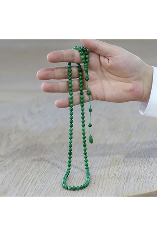 Tesbihname Ateş Kehribar Namaz Tesbihi - Sistemli - Zümrüt Yeşili Renk - Özel Kesim Yeşil