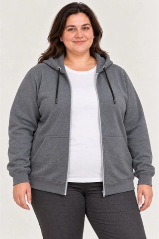 Butik İstanbul Battal Büyük Beden Üç İplik İçi Şardonlu Kapüşonlu Tam Fermuarlı Kışlık Sweatshirt - Füme