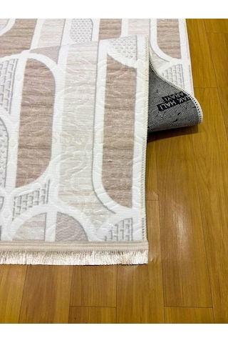 Kaymaz Taban Saçaklı Krem Bej Modern Geometrik Yıkanabilir Koridor Salon Mutfak Yolluk Halı Bej