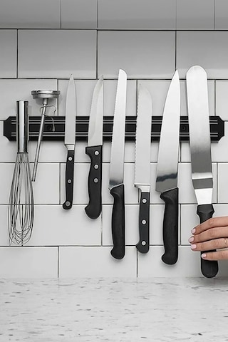 Thentech Duvara Asılabilir Mıknatıslı Bıçak Asma Aparatı 55cm Bıçak Askı Aparatı Metal Eşya Askısı Mıknatıslı Siyah