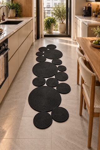 Bohem Asimetrik Jüt El Yapımı Yuvarlak Detaylı Jüt Hasır Görünümlü Dekoratif Kilim, Organik Form Modern Banyo Mutfak Koridor Halı Kilim Paspas Doğal Tasarım Siyah 934606952 Siyah