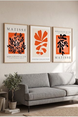 Doğal Ahşap Çerçeveli Turuncu Siyah Matisse Soyut Botanik Üçlü Duvar Tablosu Modern Sanat Dekorasyonu Kabartma Görünümlüdür Bej - 910400485 Bej
