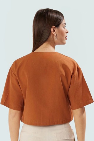 Ersefa Önden Bağcıklı Crop Bluz V Yaka Dokuma Terrycotton Kumaş Rahat Gü Kahverengi