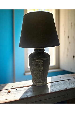 Gümüş Renk Eskitme El Yapımı Sümer Dekoratif Abajur - Siyah Siyah