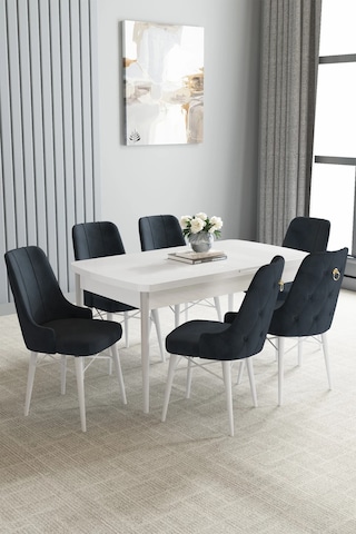Zümra Serisi, Beyaz 80x132 Açılabilir Mdf Mutfak Masası Takımı 6 Adet Sandalye, Antrasit