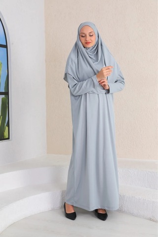 Tek Parça Namaz Elbisesi Gümüş Gri-21002 Gül Kurusu