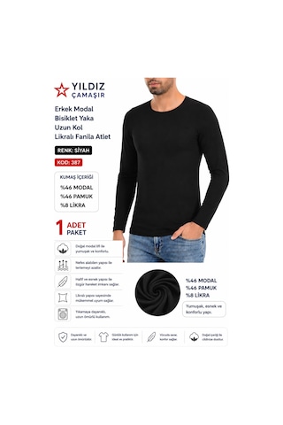 Yıldız Çamaşır Erkek Modal Bisiklet Yaka Uzun Kol Likralı Fanila Atlet 385-386-387 - 1 Adet Siyah