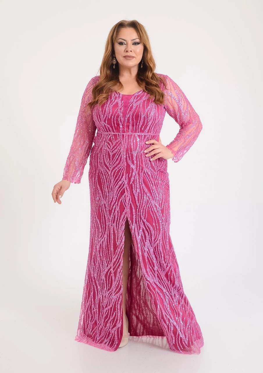 Lilas Xxl Büyük Beden Glitter Baskı Fuşya Renkli Uzun Kollu Uzun Abiye Elbise Fuşya