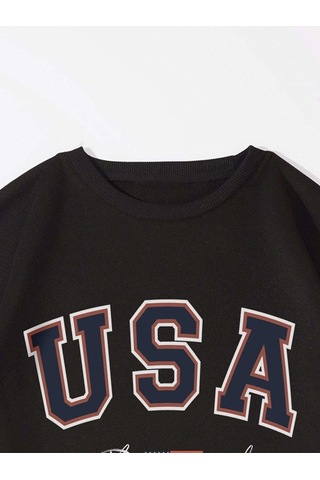 Unisex Oversize Siyah The Usa Baskılı Bisiklet Yaka Sweatshirt Koyu Siyah