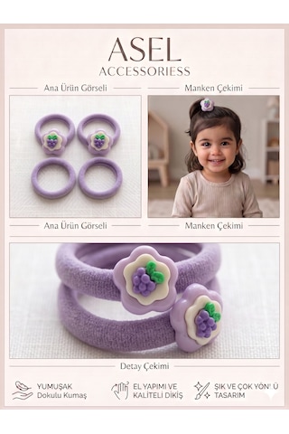 4'lü Set Sevimli Figürlü Yumuşak Kumaş Kız Çocuk Lastik Saç Tokası - 8 Farklı Seçenek B