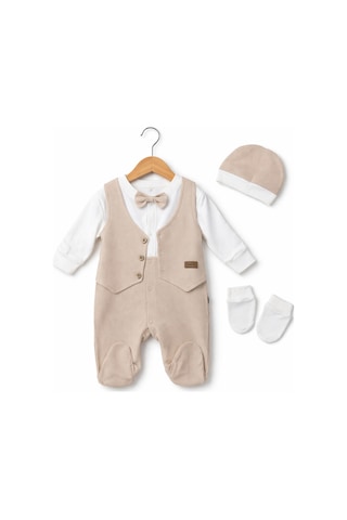 Işıl Baby Papyonlu Yelekli Erkek Bebek Tulum Takım Bej