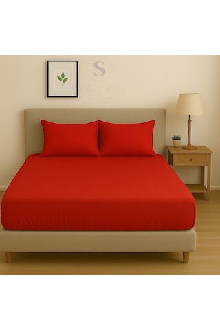 Shules Collection Buldan Keteni Kırmızı Çift Kişilik Çarşaf+yastık Seti %100 Pamuk Kırmızı