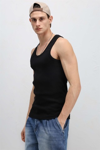 Vamos Yıkamalı Tank Top Kaşkorse Atlet Siyah