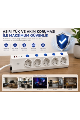 5'li Akım Korumalı Çoklu Priz 2 Metre Kablolu 3680w 16a 5 Bağımsız Anahtarlı 2 Usb-a 2 Usb-c Pd 20w Hızlı Şarj Destekli 2 m