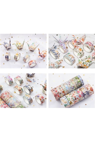 Novahub Altın Varaklı Washi Bant Seti - 18 Rulo Çiçek Desenli Bant 6x15mm + 12x7.5mm Dıy Sanat Ve Hobi Malzemeleri