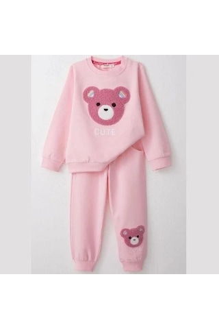 Kız Çocuk Ayıcık Nakışlı Pamuklu Eşofman Takım-14585 Pembe