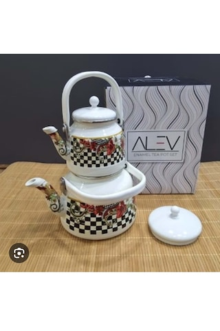 Alev Emaye Çaydanlık Takımı Nostaljinin Modern Yorumu Beyaz - Siyah