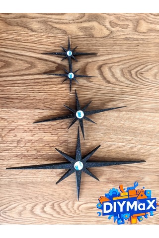Yıldız Duvar Dekoru 4'lü Set Mid-century Modern Starburst Dekoratif Duvar Süsü - Siyah
