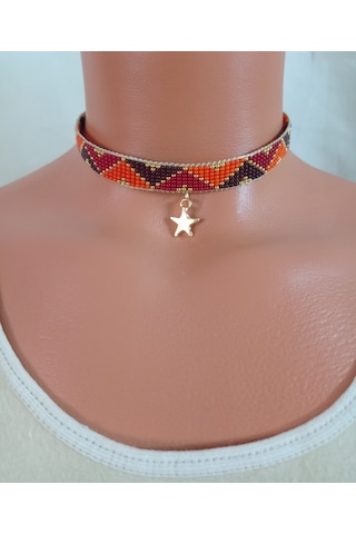 Kum Boncuk Yıdızlı Dokuma Choker Altın