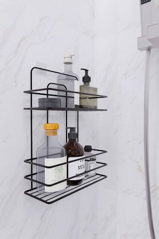 Eva Metal Tasarim Ömür Boyu Paslanmaz Duvara Yapışkanlı 2 Katlı Banyo Düz Şampuanlık Düzenleyici Siyah