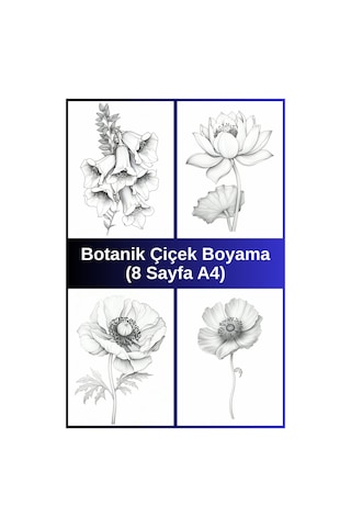 Botanik Çiçek Boyama Sayfaları 6, 8 Adet A4 Boyut .