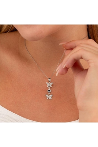 Gümüş Pazarım Safir Taşlı Kelebek Motifli Gümüş Set