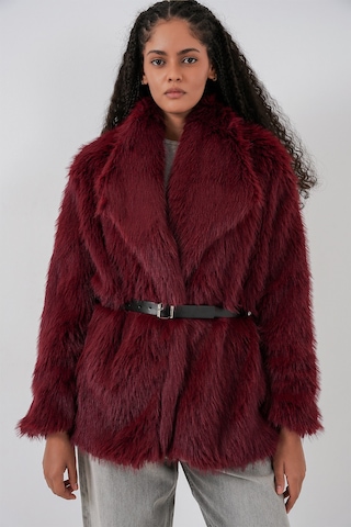 Bigdart Kadın Kemerli Oversize Kürklü Kaban 9156 - Bordo