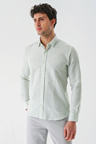 İmza Koyu Yeşil Uzun Kollu Çizgili Biritli Yaka Pamuklu Likralı Casual Slim Fit Dar Kesim Gömlek 1004240233-koyu Yeşil Koyu Yeşil