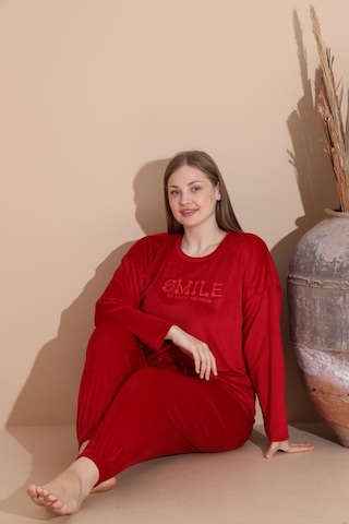 Boyraz Kadın Kışlık Fransız Kadife Büyük Beden Bisiklet Yaka Uzun Kol Pijama Takımı 03130 - 1 Adet Kırmızı